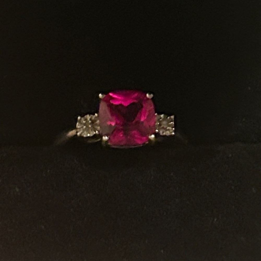 Vivid Pink Cushion-Cut Center Ring with Side Accents